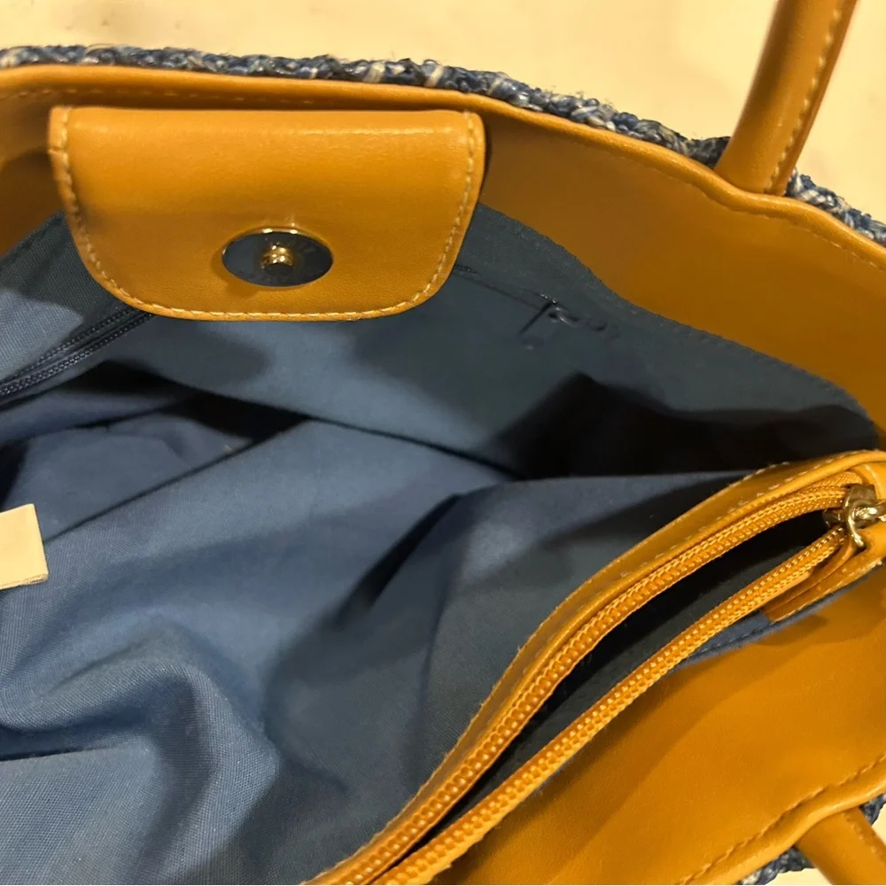 Blue Woven Straw Tote Floral Embroidered‎ Shoulder Bag Boho Cottagecore